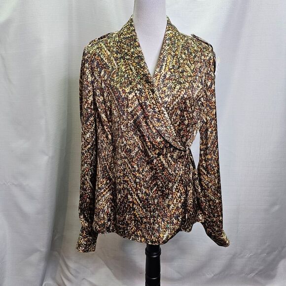 Jones New York Brown Print Satin Wrap Blouse Size Large - Picture 1 of 11
